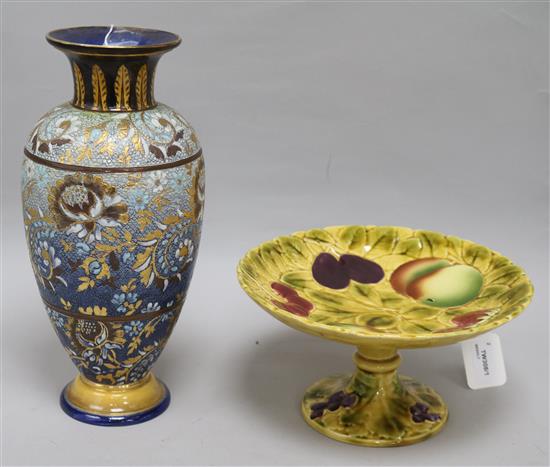 A Royal Doulton Slaters Patent gilt and blue floral vase, H 32cm and a Sarreguemines fruit-moulded comport